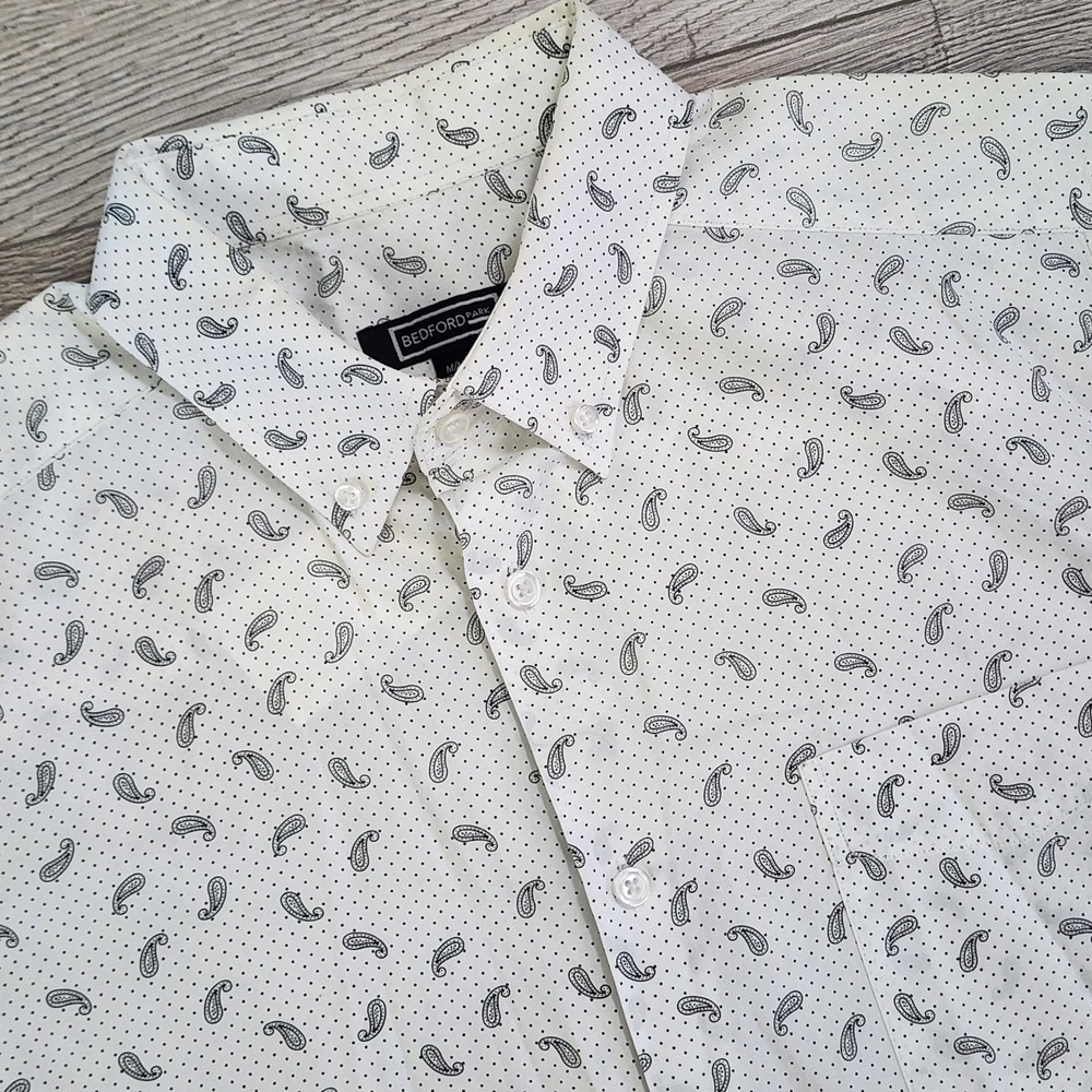 Bedford Park Shirt Men M Black White Button Down Short Sleeve Cotton Luxury NWT